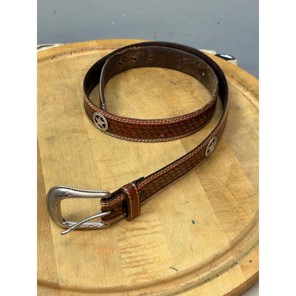 FLG Belt Mens 40 Brown Basketweave Leather Texas Star Concho Western Rodeo